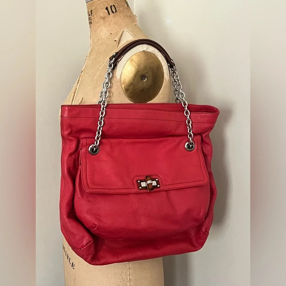 Lanvin Partage Red Handbag Shoulder Bag with Chain Straps - Picture 6 of 7